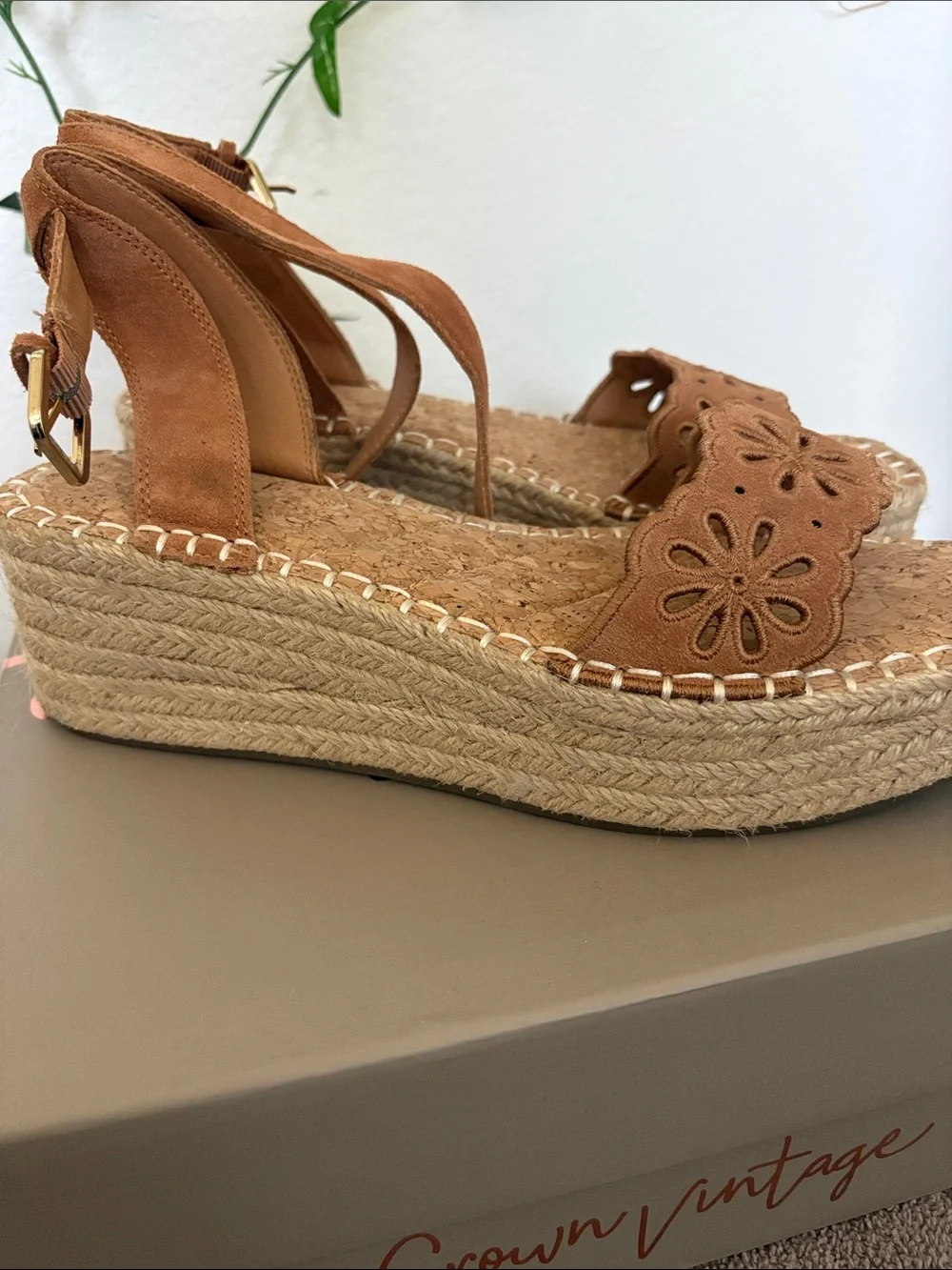 Crown Vintage Tan Floral Cutout Espadrille Wedge Sandals